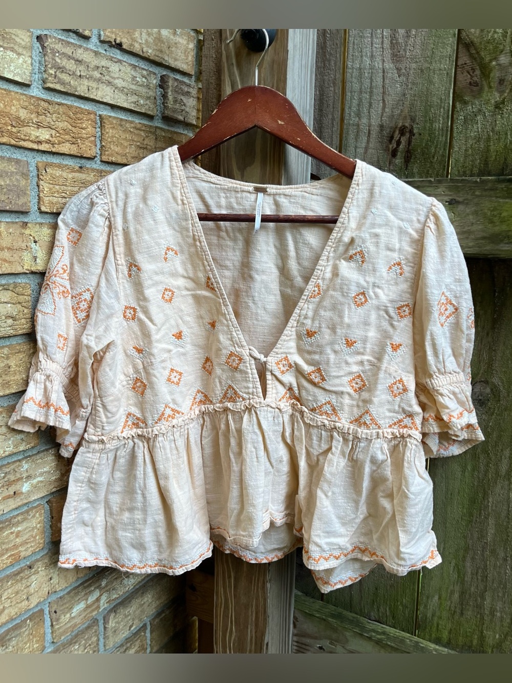 Free People Peach Blouse with Orange Embroidery